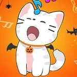 En tegneserie kat iført Halloween-tilbehør som flagermusvinger og et græskarsmykke, omgivet af musiknoter, edderkoppespind og flagermus på en orange baggrund