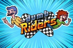 To tegnede figurer i farverige tøj, en blåhåret mand og en rødhåret kvinde, ses omkring teksten dumb riders på en dynamisk blå strålebund