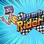 To tegnede figurer i farverige tøj, en blåhåret mand og en rødhåret kvinde, ses omkring teksten dumb riders på en dynamisk blå strålebund