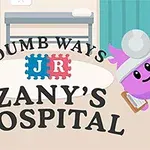 Tegneseriefigurer med forskellige udtryk står foran teksten Dumb Ways JR Zanys Hospital i et hospitalsmiljø