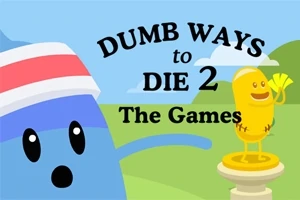 To animerede figurer, en blå med et pandebånd til venstre og en gul jubler på en piedestal til højre, med teksten Dumb Ways to Die 2 The Games i midten
