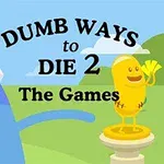 To animerede figurer, en blå med et pandebånd til venstre og en gul jubler på en piedestal til højre, med teksten Dumb Ways to Die 2 The Games i midten
