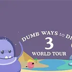 Tegneseriefigurer i et farverigt landskab med en sø og bjerg, med teksten Dumb Ways to Die 3 World Tour