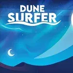 Blåt sandklitlandskab med en stor hvid cirkel og teksten Dune Surfer