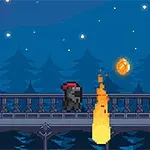 Pixelkunstscene med en karakter i mørkt tøj og rød hat på en bro om natten med stjerner, flamme og en gylden mønt