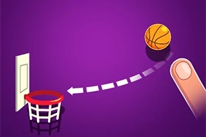 Skemaet viser en finger, der sigter mod en basketballkurv med en bold i luften og en stiplet bane mod kurven på en lilla baggrund