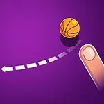 Skemaet viser en finger, der sigter mod en basketballkurv med en bold i luften og en stiplet bane mod kurven på en lilla baggrund