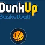 Logo med teksten Dunk Up Basketball over en ikonisk orange basketball på en mørkeblå baggrund