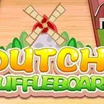 En tegneserieillustration med en vindmølle, to køer og en lade ved siden af teksten Dutch Shuffleboard
