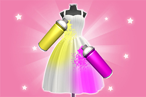 To spraydåser, en gul og en pink, maler en hvid kjole på en mannequin mod en lyserød baggrund med stjerner