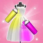 To spraydåser, en gul og en pink, maler en hvid kjole på en mannequin mod en lyserød baggrund med stjerner