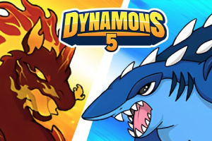 To an ildrød og en blå monsterfigur står overfor hinanden med teksten Dynamons 5 øverst