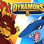 To an ildrød og en blå monsterfigur står overfor hinanden med teksten Dynamons 5 øverst