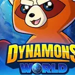 En tegneseriefigur i brun og hvid med store øjne står foran en blå jordklode med teksten Dynamons World nedenfor