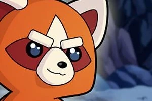 Tegneserieagtig rød panda med store øjne og et beslutsomt udtryk mod en baggrund med klipper