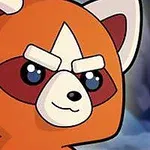 Tegneserieagtig rød panda med store øjne og et beslutsomt udtryk mod en baggrund med klipper