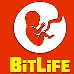 Rød baggrund med en silhuet af et foster i en hvid cirkel og teksten BitLife nedenunder i gul tekst