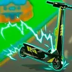 Elektrisk scooter med blå elektriske gnister omkring, placeret på en farverig baggrund