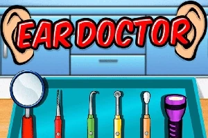 Et farverigt billede med forskellige medicinske værktøjer placeret i en bakke, med teksten Ear Doctor og illustrationer af ører øverst