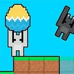 En pixelart-kaninfigur holder et stort, mønstret påskeæg, mens en sort, kantet skabning flyver gennem luften mod en blå baggrund med grønne platforme