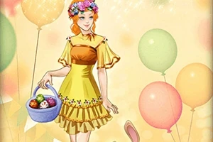 En kvinde med blomsterkrans og gul kjole holder en kurv med påskeæg omgivet af farverige balloner