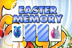 Titel Easter Memory med farverige kort, der viser et påskeæg og en påskehare på en blomstret baggrund