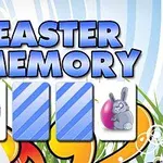 Titel Easter Memory med farverige kort, der viser et påskeæg og en påskehare på en blomstret baggrund