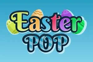 Teksten Easter Pop med farverige påskeæg i baggrunden på en blå baggrund