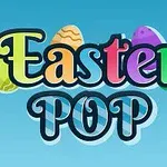 Teksten Easter Pop med farverige påskeæg i baggrunden på en blå baggrund