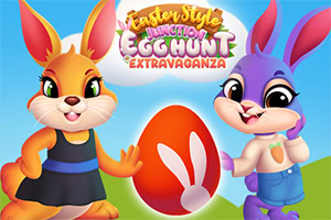 Easter Style Junction Egg Hunt Extravaganza To an animerede kaniner med et stort påskeæg imellem dem og farverig tekst øverst