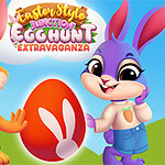 Easter Style Junction Egg Hunt Extravaganza To an animerede kaniner med et stort påskeæg imellem dem og farverig tekst øverst