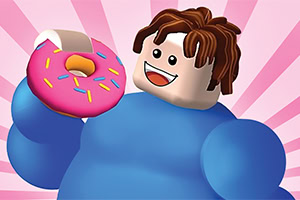 En figurlignende karakter med brunt hår og et stort smil holder en lyserød donut med farvet krymmel foran en baggrund med lyserøde stråler