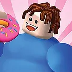 En figurlignende karakter med brunt hår og et stort smil holder en lyserød donut med farvet krymmel foran en baggrund med lyserøde stråler