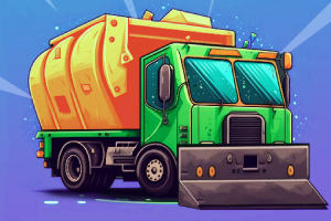 Grøn skraldebil med orange container og sneplov på lilla baggrund
