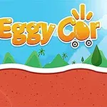 Et smilende æg sidder i en rød bil på en bakke med grønne bjerge i baggrunden og en blå himmel med navnet Eggy Car i øverste højre hjørne