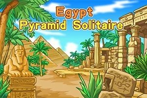 Tegnet scene af et egyptisk landskab med pyramider, palmer, en sfinx og antikke ruiner