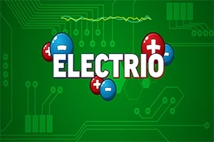 Grøn baggrund med cirkulære røde og blå symboler med plus- og minustegn omkring ordet ELECTRIO