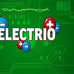 Grøn baggrund med cirkulære røde og blå symboler med plus- og minustegn omkring ordet ELECTRIO