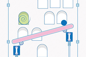 Illustration af en balancebom med en kugle på, omgivet af buede vinduer og geometriske former