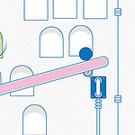 Illustration af en balancebom med en kugle på, omgivet af buede vinduer og geometriske former