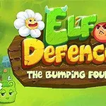 Illustration af en farverig plakat med tegneseriefigurer og teksten Elf Defence: The Bumping Four på en træskilt på en grøn baggrund