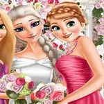 Tre animerede kvinder i farverige kjoler står tæt sammen og holder buketter af blomster foran en blomsterdekoration