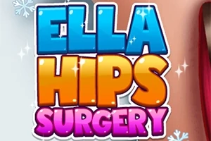 Farverig tekstgrafik med ordene Ella Hips Surgery i blå, orange og pink nuancer med snefnugdetaljer
