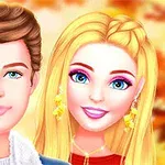 To animerede figurer med blondt hår og brunt hår, smiler foran en baggrund med efterårsblade