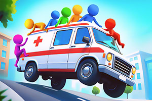 Farverige figurer kører vildt på taget af en flyvende ambulance i en byscene