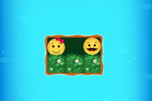 To gule smiley-ansigter med forskellig ansigtsudtryk på grøn græsbaggrund med blomster, omgivet af en lys blå ramme