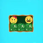 To gule smiley-ansigter med forskellig ansigtsudtryk på grøn græsbaggrund med blomster, omgivet af en lys blå ramme