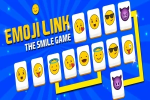 Række af emojikort med forskellige ansigtsudtryk på en blå baggrund med teksten Emoji Link: The Smile Game