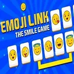 Række af emojikort med forskellige ansigtsudtryk på en blå baggrund med teksten Emoji Link: The Smile Game