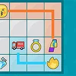Et gitter med seks felter, der indeholder en kyssende emoji, en brandbil, en ring, en mobiltelefon, en diamant og en ild, forbundet med farvede linjer